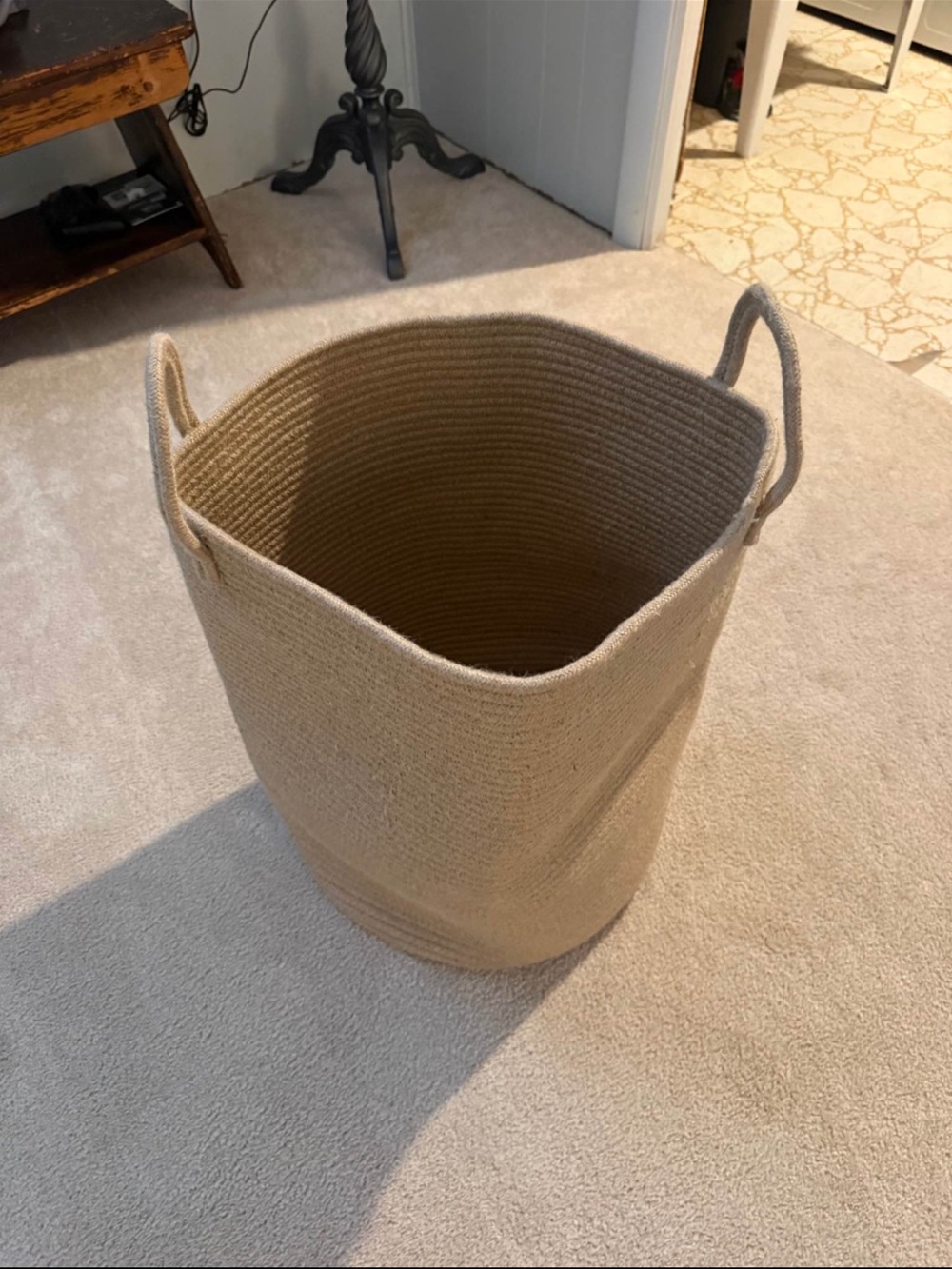 Jute Woven Rope Storage Basket with Handles - Cream